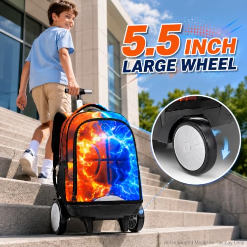 AGSDON Quiet Rolling Backpack with Lunch Box Set – Large‑Wheel Water‑Resistant Wheeled Bag for School, Outings, and Travel | Fire-Lightning Basketball 3‑Piece Organizer Backpack - color: Big Wheel Roller Bookbag Fire-lightning Basketball