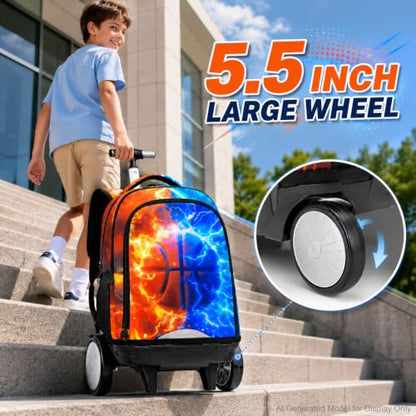AGSDON Quiet Rolling Backpack with Lunch Box Set – Large‑Wheel Water‑Resistant Wheeled Bag for School, Outings, and Travel | Fire-Lightning Basketball 3‑Piece Organizer Backpack - color: Big Wheel Roller Bookbag Fire-lightning Basketball