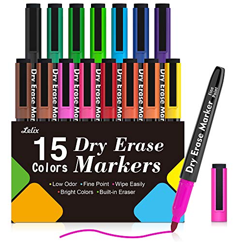 Lelix 15 Colors Dry Erase Markers, Magnetic Whiteboard Markers Fine Point with Eraser for Back to School, Office, Home Perfect for Writing on White Board, Dry Erase Board, Mirror, Glass