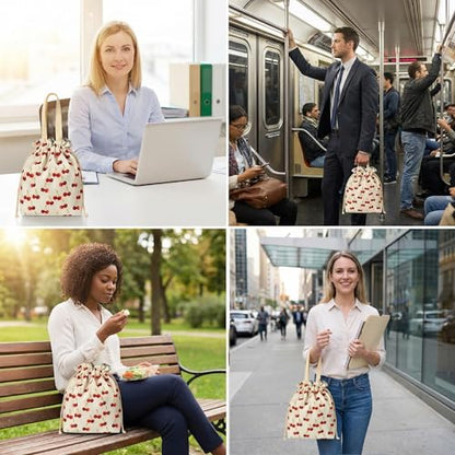 Solid Color & Fruit Print Lunch Bag, Insulated Leakproof Drawstring Pouch with 5mm Anti-Sag Base for Adult Work Commute Picnic (Cherry Fruit Print) - color: Cherry Fruit Print