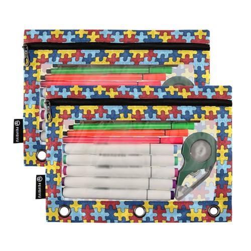 Autism Awareness Puzzle Piece Pencil Pouches for 3 Ring Binder, Zipper Binder Pencil Case, 2 Pack Clear Window Case Bag for Office Organizers - color: Autism Awareness Puzzle Piece