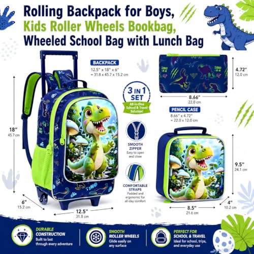 WZLVO 3PCS Boys Rolling Backpack, 18" Dinosaur Print School Bag with Wheels, Includes Matching Lunch Bag & Pencil Bag - Green Dino Adventure - color: 3PCS Boys Rolling Backpack - Green Dino Adventure