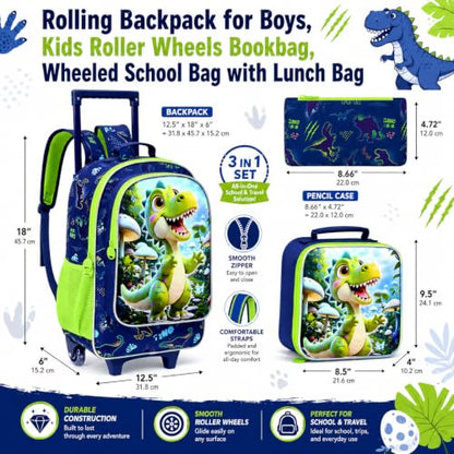 WZLVO 3PCS Boys Rolling Backpack, 18" Dinosaur Print School Bag with Wheels, Includes Matching Lunch Bag & Pencil Bag - Green Dino Adventure - color: 3PCS Boys Rolling Backpack - Green Dino Adventure