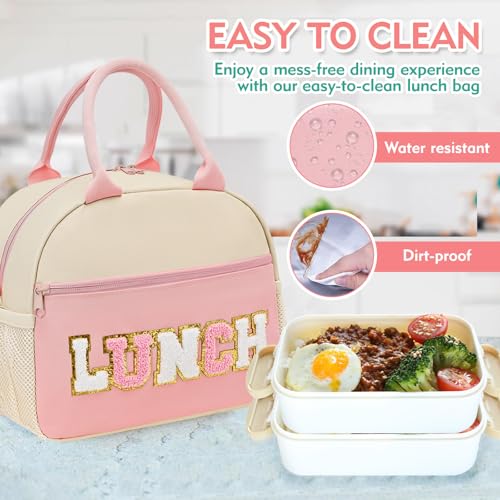 Lunch Bag for Girls and Women, Cute Preppy Lunch Bag with Chenille Letters, Insulated Large Capacity Lunch Tote with Detachable Strap for School, Work & Picnic, Light Pink - color: Light Pink