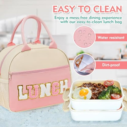 Lunch Bag for Girls and Women, Cute Preppy Lunch Bag with Chenille Letters, Insulated Large Capacity Lunch Tote with Detachable Strap for School, Work & Picnic, Light Pink - color: Light Pink