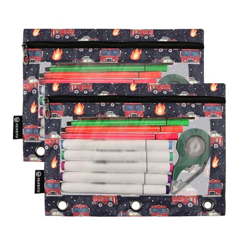 Fire Fighting Truck Binder Pouches 3 Ring for Boys Girls School Office College Supplies Cars Doodle Pattern Pencil Pouches Case Bag with Clear Window and Zipper 2 Pack - color: Fire Truck