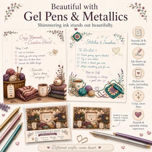 Charmfolio Duo Knitting & Crochet Binder Paper, 80 College Ruled Sheets, 8.5 x 11 3 Hole Punched Loose Leaf Stationery, Back to School Basics, Backpack Essentials for Crafty Besties