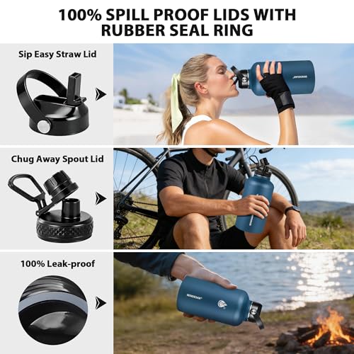 Insulated Water Bottle 64 oz, Triple Wall Vacuum Stainless Steel Water Bottles (Cold for 48 Hrs), Leak Proof & Non-BPA, Half Gallon Water Flask Jug Wide Mouth Straw Lid & Spout Lid - color: Cobalt, size: 64 Ounces