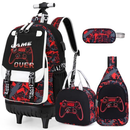 Bevalsa Rolling Backpack for Boys, Roller Backpack with Wheels, Wheeled School Bag with Sling Bag, Lunch Box & Pen Case for Kids Children Teens Elementary Middle Student Glow In The Dark - color: Red