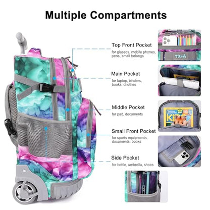 Tilami Rolling Backpack, 18 inch Shoulder Drop, Concealed Pockets and Wheel Cover, Laptop Backpack for Boys and Girls, Clouds Green - color: Clouds Green