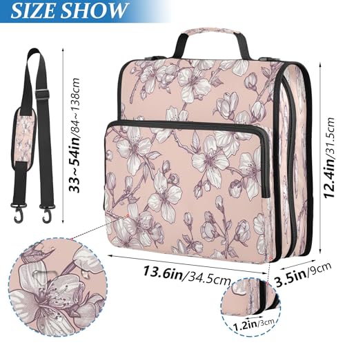 3 Ring Zipper Binder Cherry Blossoms Binder Organizer Portfolio with File and Shoulder Strap & Handle Large Capacity File Folder - color: Cherry Blossoms