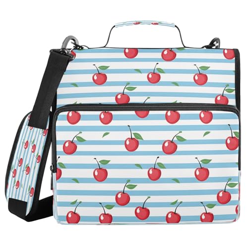 ALAZA Zipper Binder 3 Ring Cherry Berry Blue Stripes Binder Organizer with Zipper and Shoulder Strap Large Capacity Multi-Pocket Trapper Keeper File Folder for Office Supplies - color: Multicolored 24