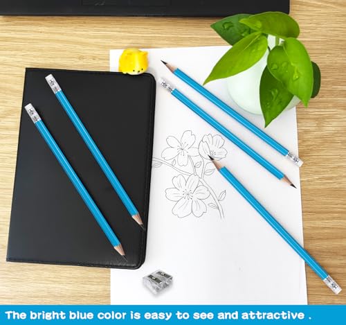 Adhere 25pcs Woodcase Pencils with Eraser Premium Pre-Sharpened Hexagon Graphite 2B pencils ideal for home, office writing including a Free Sharpener - color: Light Blue・25pcs