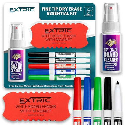 EXTRIC Dry Erase Markers Fine Tip 5 ct, Magnetic Eraser, Whiteboard Spray | Use: Whiteboards and Glass Boards, Includes: 5 Markers, 1 Eraser, Cleaner Spray, Feature: Low-Odor, Non-Toxic - style: Fine Tip