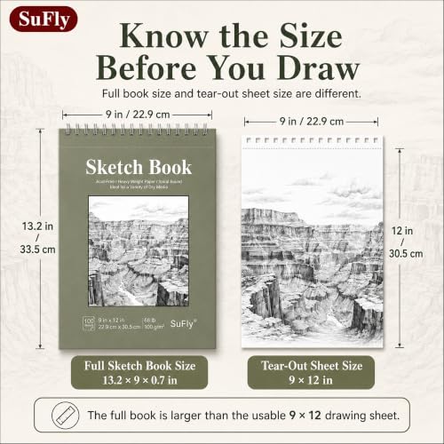 SuFly Sketch Book 9x12, Drawing Paper Pad-68lb/100gsm, Top Spiral Sketchbook Hardcover, 100 Sheets Sketch Pad for Kids Classroom Art Supplies for Adults-Sketchpad for Drawing, Illustration & Art Stuff