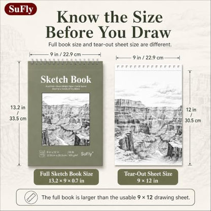 SuFly Sketch Book 9x12, Drawing Paper Pad-68lb/100gsm, Top Spiral Sketchbook Hardcover, 100 Sheets Sketch Pad for Kids Classroom Art Supplies for Adults-Sketchpad for Drawing, Illustration & Art Stuff