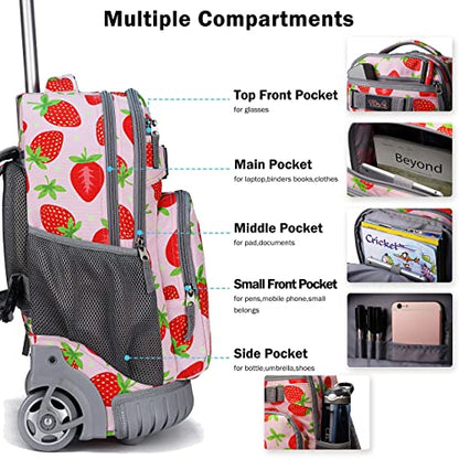 Tilami Rolling Backpack 18 inch Wheeled Backpack School College Student Travel Trip Boys and Girls - color: Strawberry