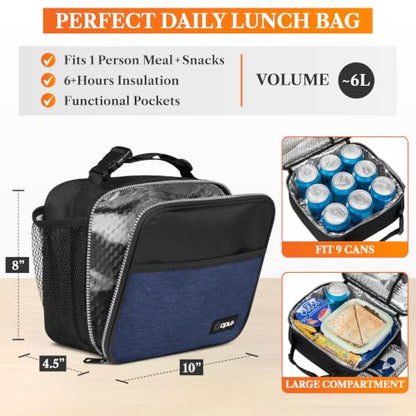 opux Insulated Lunch Bag for Kids, Reusable Lunch Box for School with Leakproof Lining, Compact Soft Cooler Tote for Boys & Girls, Front Pocket, Mesh Side Bottle Holder (Heather Navy) - color: Heather Navy