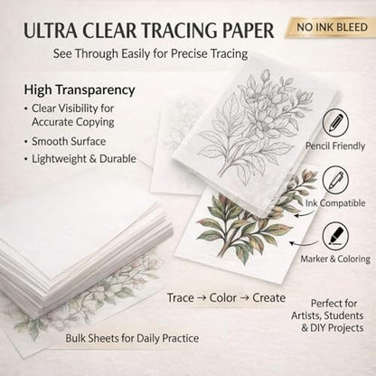 Epakh Tracing Paper 120 Sheets, 12 x 12 Inch Transparent Drawing Paper for Tracing Pads for Pencil Sketching Drawing DIY Crafts Painting Wax Printing Calligraphy Ink Markers - size: 12 x 12 Inch