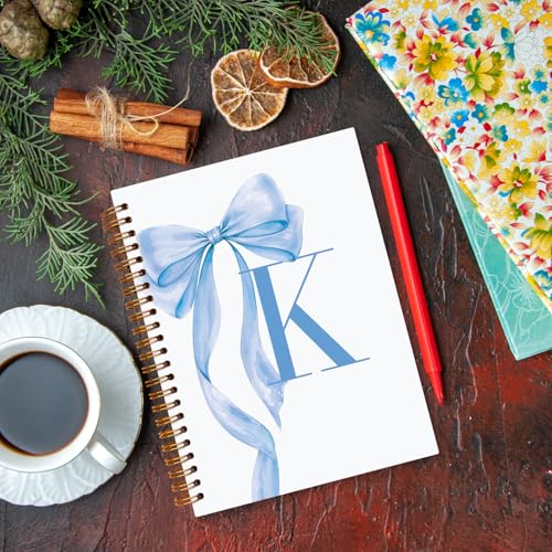 JXREQ Coquette Blue Bow Personalized Notebook, Initial Letter K Monogram Journal, Preppy Girly Ribbon Bow Journal, Monogrammed Gifts for Women, Aesthetic Spiral Notebook 5.5x8.3 - color: K Blue