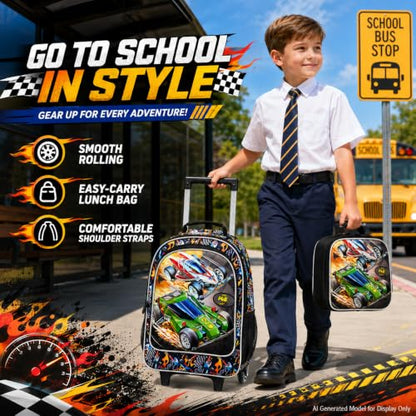CCJPX 3Pcs Racing Car Rolling Backpack for Boys, 18" Kids Wheeled Bookbag with Lunch Box, Lightweight Roller School Bag for Elementary Preschool(Black) - color: Red Green Race Car