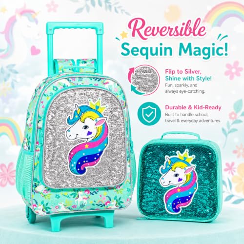 gxtvo Rolling Backpack for Girls, Kids Roller Wheels Bookbag - Roller Elementary Sequin School Bag - 3PCS Unicorn Green
