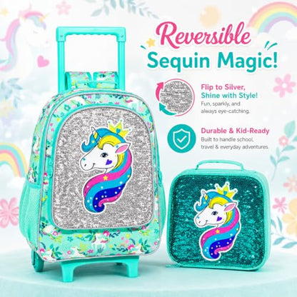 gxtvo Rolling Backpack for Girls, Kids Roller Wheels Bookbag - Roller Elementary Sequin School Bag - 3PCS Unicorn Green