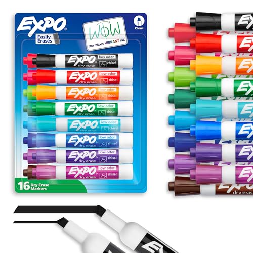 EXPO Dry Erase Markers, Low Odor Ink, Assorted Colors, Chisel Tip, 16 Count - Whiteboard, Calendar, Organization, Back to School, Teacher Supplies