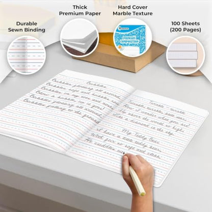 Rosmonde 100 Pack Bulk Primary Composition Notebooks, 200 Pages (100 Sheets), 9-3/4" x 7-1/2", Grades K-2, Primary Ruled Composition Notebook, Bulk Writing Journal, Hardcover, Assorted Marble - size: 100 Pack, style: Assorted - Writing