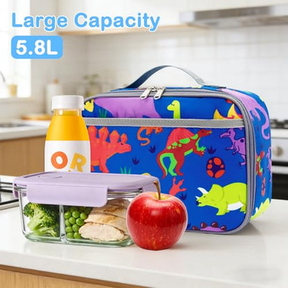 FlowFly Kids Lunch box Insulated Soft Bag Mini Cooler Back to School Thermal Meal Tote Kit for Girls, Boys, Dinosaur - color: Dinosaur