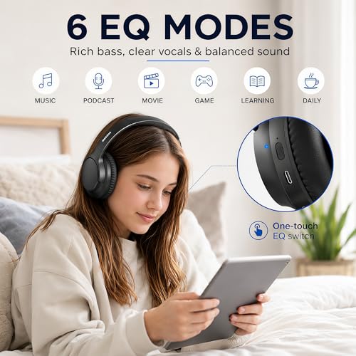 MIDOLA Bluetooth Headphones Over Ear, 68H Playtime Wireless Headphones with Microphone, 6 EQ Modes, HiFi Stereo Deep Bass, Foldable Lightweight Headset for Home Office, Cellphone, PC, Black - color: Black