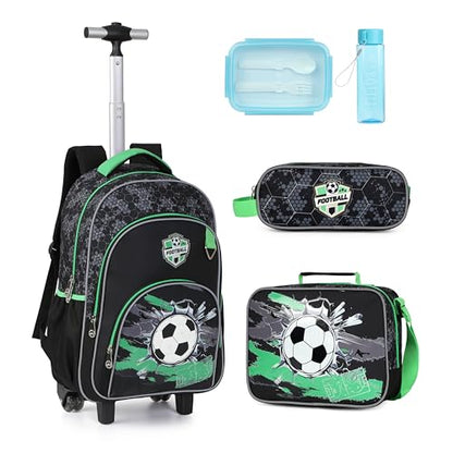 Kids Rolling Backpack for Boys, 5 PCS Cartoon Wheeled Backpack Set with Lunch Bag & Pencil Case, Durable Backpack with Wheels for School, Travel & Daily Use (Light Green) - color: Football Black