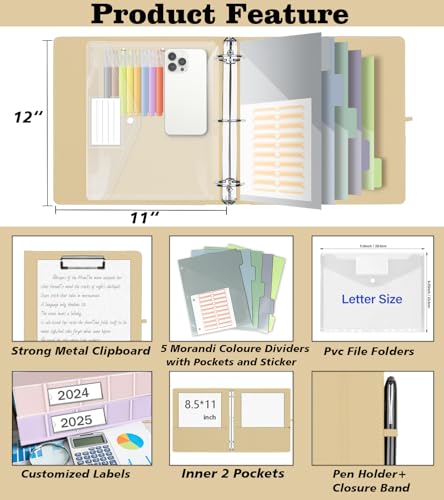 1 Inch 3 Ring Leather Binder Organizer, BVSSX Three Ring Binders with Clipboard, Plastic Folder, 5-Tabs Pocket Dividers with Sticker Labels, Pen Loop, Elastic Strap (Beige,Letter Size) - color: Beige, size: 1in（Letter Size）
