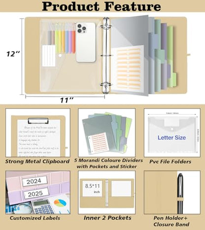 1 Inch 3 Ring Leather Binder Organizer, BVSSX Three Ring Binders with Clipboard, Plastic Folder, 5-Tabs Pocket Dividers with Sticker Labels, Pen Loop, Elastic Strap (Beige,Letter Size) - color: Beige, size: 1in（Letter Size）