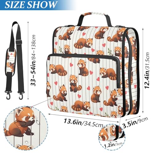 Red Panda Heart Pattern Zipper Binder 3 Ring with Handle and Shoulder Strap, 500 Sheet Binder Organizer Capacity & Multi-Pockets for School Office