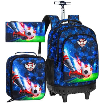 CCJPX 3PCS Rolling Backpack for Boys, 21 Inch Soccer Water Resistant Backpacks with Roller Wheels, Football Wheeled Bookbag for Teens Elementary School Travel-Blue - color: Rolling Soccer Black
