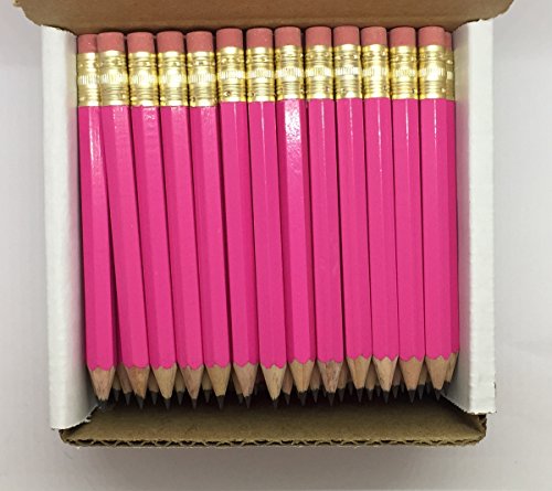Express Pencils Half Pencils with Eraser - Golf, Pew, Short, Mini - Hexagon, Sharpened, Non Toxic, #2 Pencil, Color - Deep Pink, (Box of 48) Golf Pocket Pencils