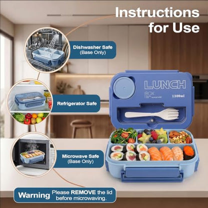 Bento Box Adult Lunch Box, Lunch Containers for Adults 44.5 Oz/5 Cup, Blue | BPA-Free, Lid-Top Sauce Tray, Leak-Proof, 1300mL, Removable Silicone Sealing Ring, Lid-Top Utensil Slot with Included Cutlery - color: Blue