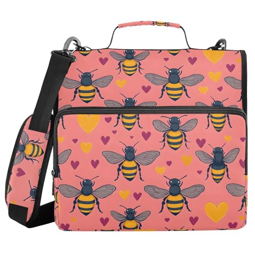 3 Ring Zipper Binder Vintage Bee Pink Yellow Love Heart Binders Bag with Shoulder Strap 500 Sheets Paper Organizer Trapper Keeper Documents Storage File Folder for School Office - color: A104