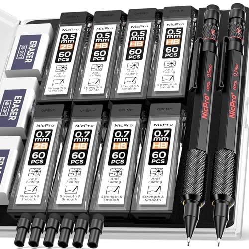 Nicpro 0.5 mm & 0.7 mm Mechanical Pencil Set with Case, MP2000 Metal Artist Mechanical Pencil With 6 Tube HB 2B Lead Refills, Eraser, Weatherproof Barrel for Outdoor Writing Drafting Sketching - size: 0.5mm & 0.7mm