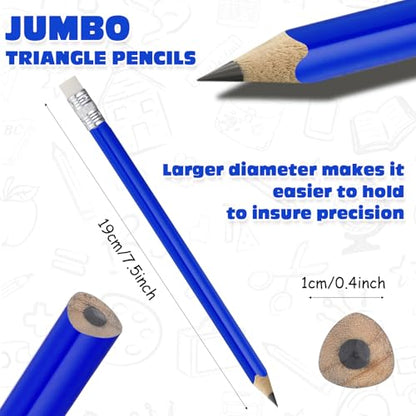 Fainne 48 Pcs Fat Pencils Jumbo Big Thick Large Pencils and 3 Pieces Sharpeners for Kids Beginners Preschoolers Kindergarten School Office Supplies(Blue+silver,Triangle) - color: Blue+Silver, style: Triangle