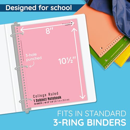 Blue Summit Pastel Spiral Notebook College Ruled, One Subject School Notebooks Spiral, Perforated Notebooks Bulk, 8 x 10.5 School Book, Paper, College Ruled, 6 Pack - size: 6 Pack