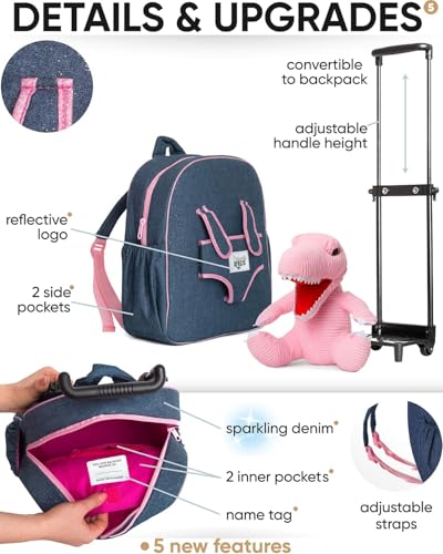 Toddler Luggage w Pink Dinosaur Toys, Kids Rolling Backpack for Girls, Boys, Toddler Suitcase, Gifts for 3 4 5 6 Year Old - color: 02 Dinosaur Pink, style: Trolley