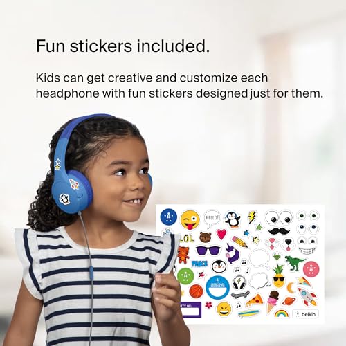 Belkin SoundForm Mini Kids Wired Headphones with Built-in Microphone & Fun Stickers, 85dB Safe Volume Limit – for Online Learning, Travel, Compatible w/iPhone 15, iPad, Galaxy S23, & More - Blue - color: Blue, style: Wired