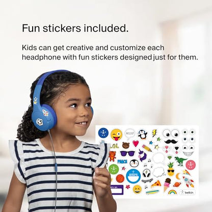 Belkin SoundForm Mini Kids Wired Headphones with Built-in Microphone & Fun Stickers, 85dB Safe Volume Limit – for Online Learning, Travel, Compatible w/iPhone 15, iPad, Galaxy S23, & More - Blue - color: Blue, style: Wired