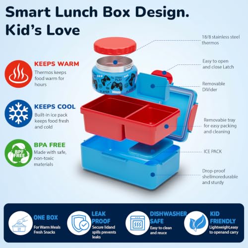 Bento Lunch Box for Kids with Thermos – Game Console Design with 12oz Insulated Stainless Steel Soup Jar and Built-in Ice Pack, 3-Compartment Leak-Proof Kids Bento Box for Boys Girls School Travel - color: Red-Game over