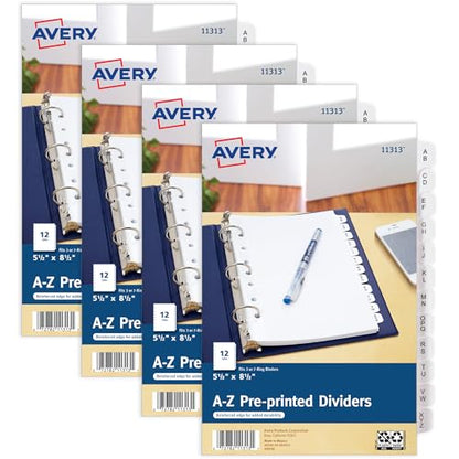 Avery A-Z Mini Dividers for 3 Ring Binders, 12 Tabs per Set, 8.5" x 5.5", Pre-Printed Tabs, 4 Binder Divider Sets, Great for Organizing Notes, Projects, Schedules, and More (43131) - style: 4 Sets