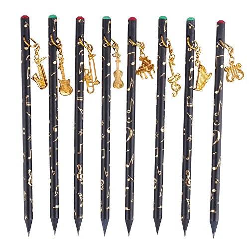 PUNK Artist Pencil Music Note Pre-Sharpened Pencils Charcoal Pencil with Diamond Top & Beautiful Musical Instruments Gold Plated Pendant(8 Pcs)