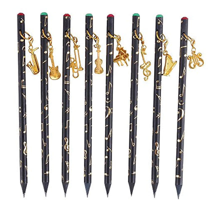 PUNK Artist Pencil Music Note Pre-Sharpened Pencils Charcoal Pencil with Diamond Top & Beautiful Musical Instruments Gold Plated Pendant(8 Pcs)