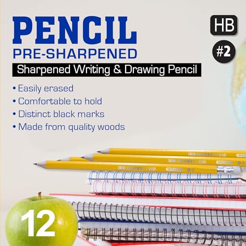 BAZIC Pencil Wood Pre-Sharpened Pencil #2 HB, Latex Free Eraser Yellow Pre Sharpened Pencils for Exam Sketching School Office (12/Pack), 1-Pack | HB graphite, pre-sharpened wood barrel, classroom, tests, homework, standardized exams, daily writing - size: